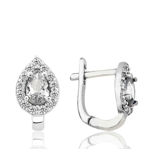 Gümüş Beyaz Taşlı Damla J Kadın Küpe - 2