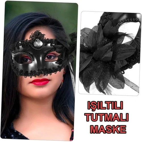 Siyah Işıltılı Tutmalı Fotoğraf Çekimi Maskesi - 5