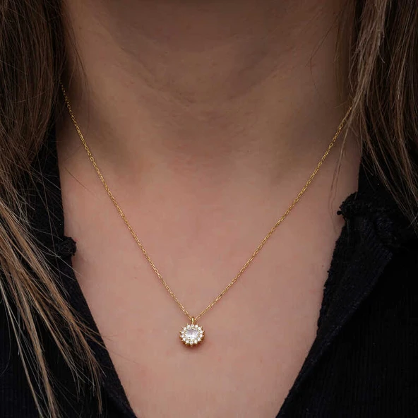 925 Ayar Gümüş Gold Minimal Yuvarlak Anturaj Kadın Kolye - 3