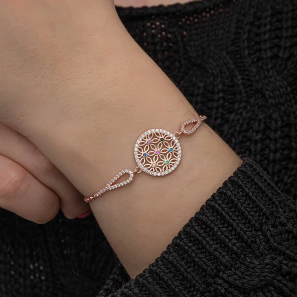 ​Gümüş Rose Renkli Yaşam Çiçeği Kadın Bileklik - Resim 5