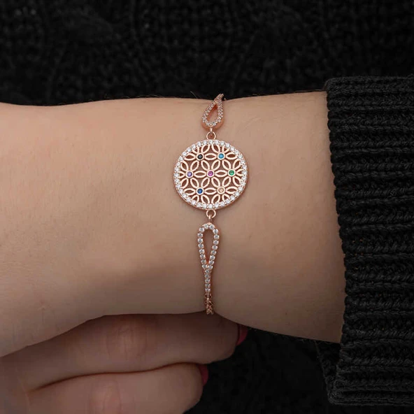 ​Gümüş Rose Renkli Yaşam Çiçeği Kadın Bileklik - Resim 4
