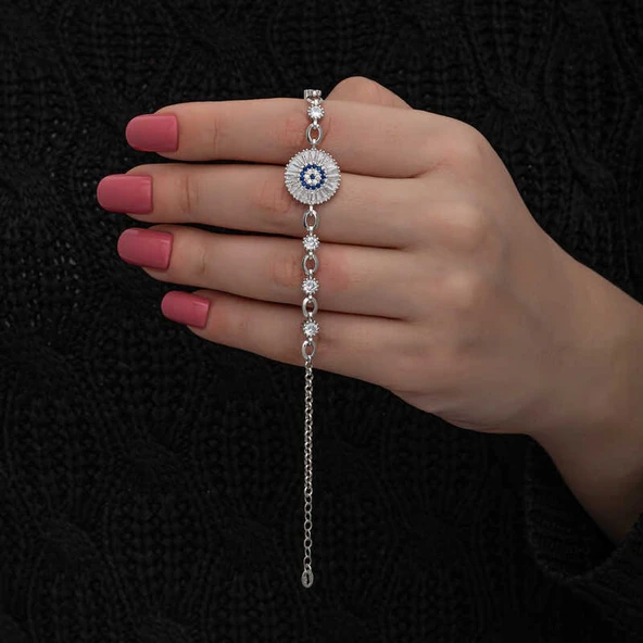 ​925 Ayar Gümüş Baget Taşlı Nazar Kadın Bileklik - Resim 2