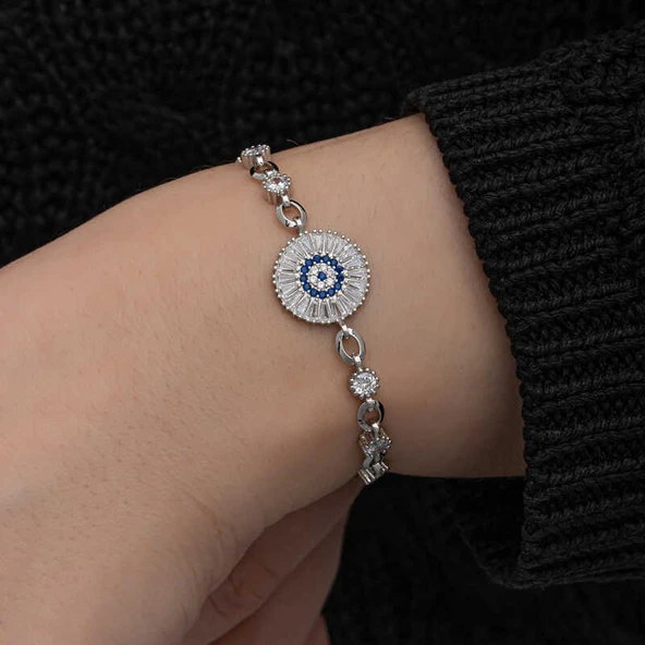 ​925 Ayar Gümüş Baget Taşlı Nazar Kadın Bileklik ürün görseli