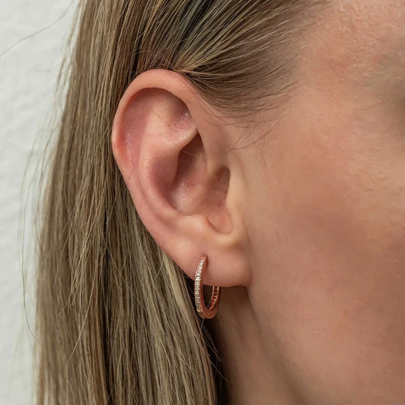 Gümüş Zirkon Taşlı Rose Oval Küpe - 5