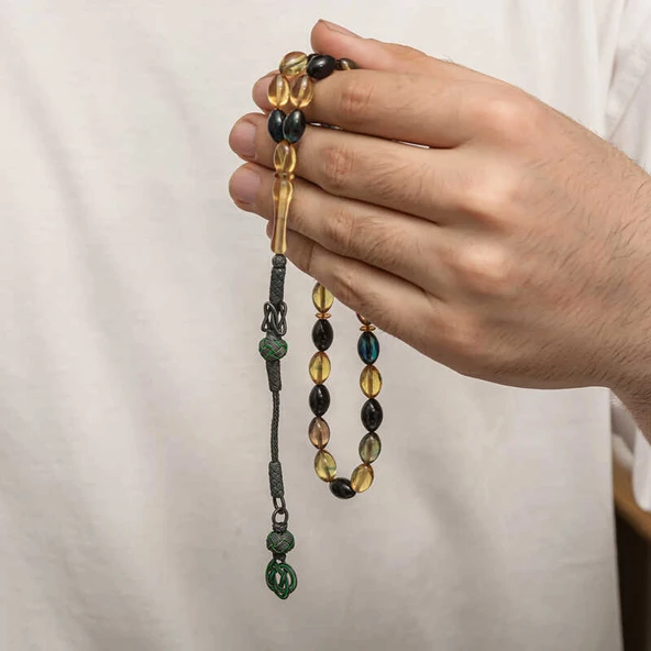 Gümüş Kazaz Püsküllü Sıkma Kehribar Tesbih - 4