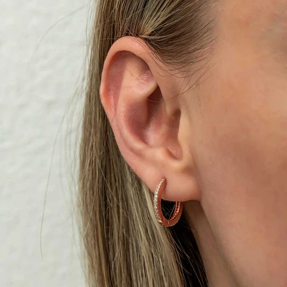 Gümüş Zirkon Taşlı Rose Oval Küpe - 3