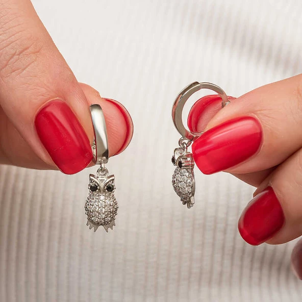 Gümüş Sallantılı Baykuş Kadın Küpe - 2