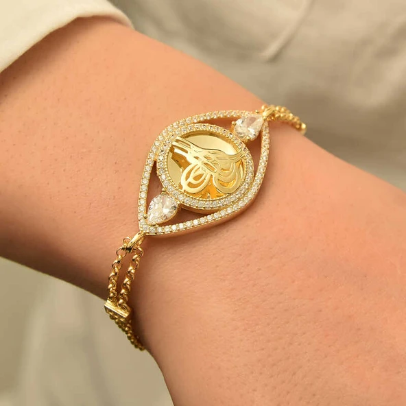 925 Ayar Gümüş Gold Kaplama Tuğralı Kadın Bileklik - 2