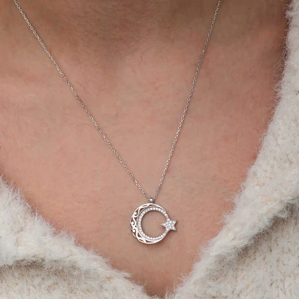 Gümüş Desenli Ay Yıldız Kadın Kolye - Resim 5