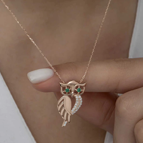 ​925 Ayar Gümüş Rose Yeşil Gözlü Baykuş Kadın Gümüş Kolye - Resim 2