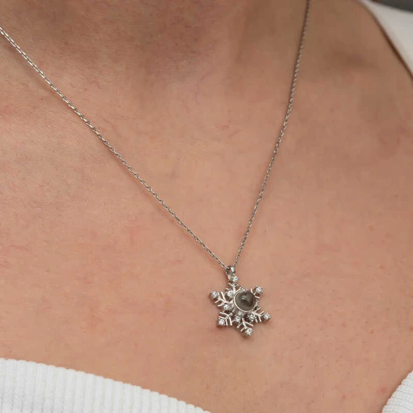 Gümüş 100 Dilde Seni Seviyorum Kar Tanesi Kadın Kolye - Resim 5