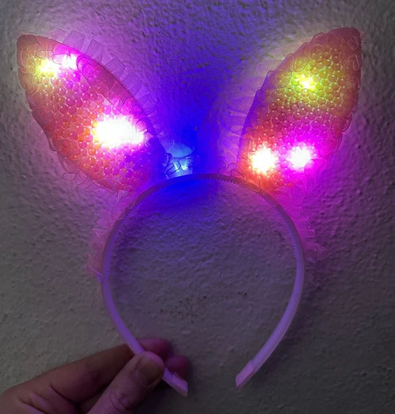 Kenarları Dantelli Pembe Pullu Payetli Led Işıklı Tavşan Kulak Taç 23x19 cm - 2