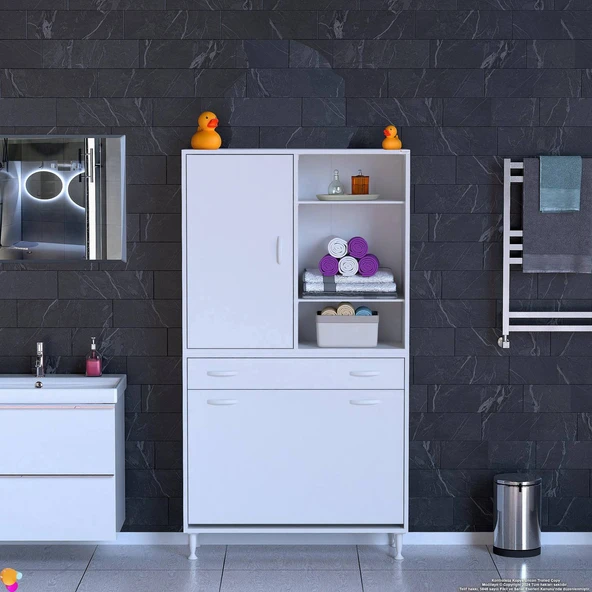 Modilayn AFRA 100x173x32,5cm 1 Çekmece, 3 Göz Sepet, 1 Kapak, 6 Raf  Dar Alan Banyo Dolabı - Resim 3