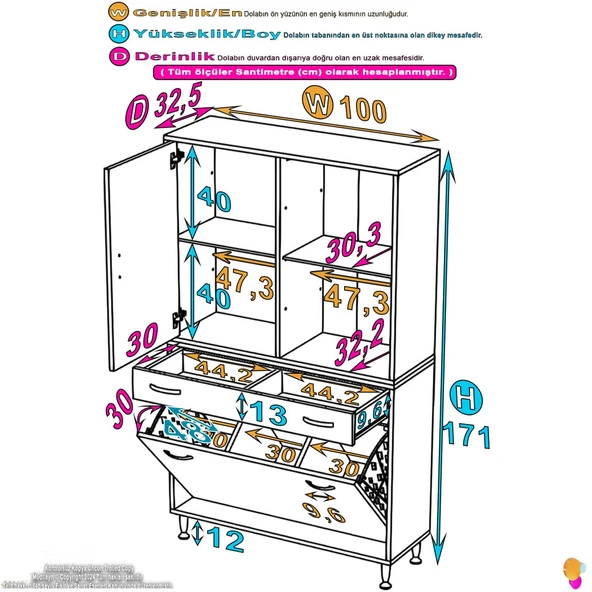 Modilayn AFRA 100x173x32,5cm 1 Çekmece, 3 Göz Sepet, 1 Kapak, 4 Raf  Dar Alan Banyo Dolabı - Resim 4