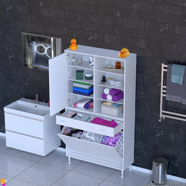 Modilayn AFRA 90x173x32,5cm 1 Çekmece, 3 Göz Sepet, 1 Kapak, 8 Raf Dar Alan Banyo Dolabı ürün görseli 1