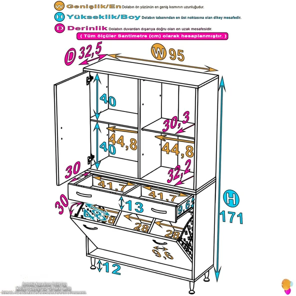 Modilayn AFRA 95x173x32,5cm 1 Çekmece, 3 Göz Sepet, 1 Kapak, 4 Raf Dar Alan Banyo Dolabı - Resim 4