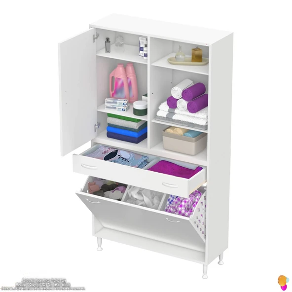 Modilayn AFRA 95x173x32,5cm 1 Çekmece, 3 Göz Sepet, 1 Kapak, 6 Raf  Dar Alan Banyo Dolabı - Resim 5