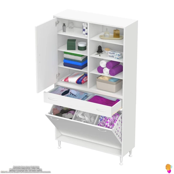 Modilayn AFRA 90x173x32,5cm 1 Çekmece, 3 Göz Sepet, 1 Kapak, 8 Raf Dar Alan Banyo Dolabı - Resim 5