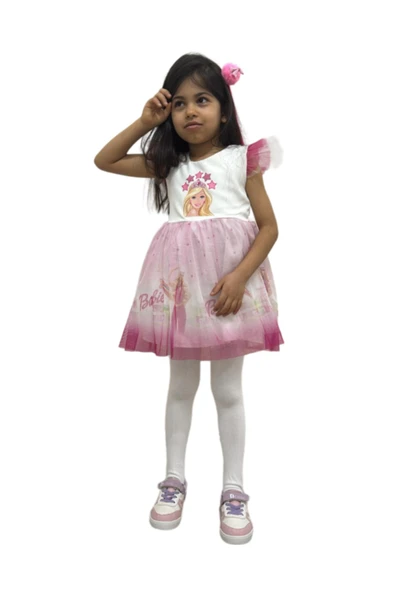 Barbie Baskılı  Kız Elbise 2/5  yaş - 8