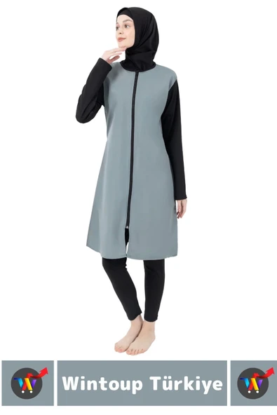 Özel Üretim Yüksek Kaliteli Konforlu Fermuarlı Taytlı Tam Kapalı Yüzücü Deniz Havuz TESETTÜR MAYO - 3