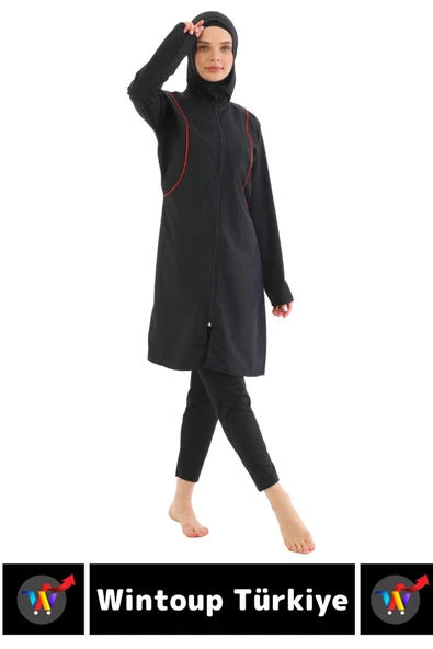 Özel Üretim Yüksek Kaliteli Konforlu Fermuarlı Taytlı Tam Kapalı Deniz Havuz Yüzücü TESETTÜR MAYO - 2