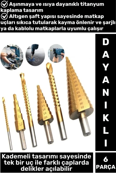 Isıya Aşınmaya Dayanıklı Ahşap Metal Plastik Kablolu Şarjlı Uyumlu 6'lı Kademeli Matkap Ucu Seti