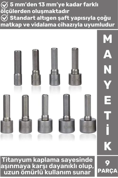 Premium Uzun Ömürlü Aşınmaya Dayanıklı Matkap Vidalama 5 Mm-13 Mm 9 Parça Manyetik Somun Adaptörü