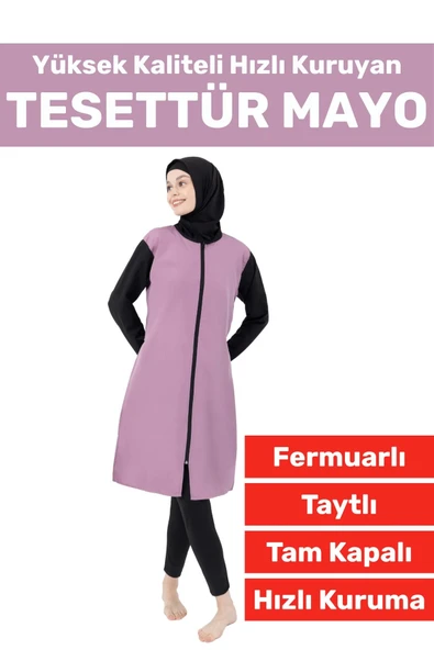 Özel Üretim Yüksek Kaliteli Konforlu Fermuarlı Taytlı Tam Kapalı Yüzücü Deniz Havuz TESETTÜR MAYO