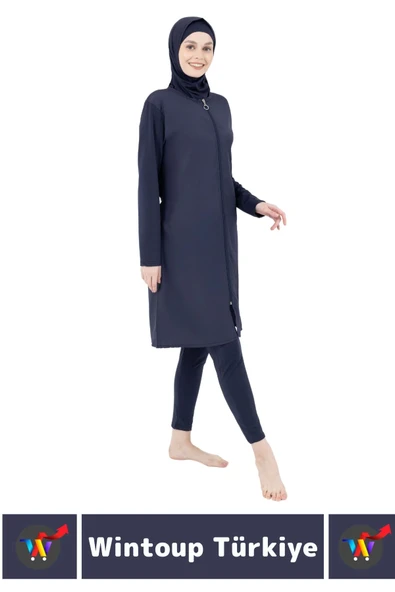 Özel Üretim Yüksek Kaliteli Konforlu Fermuarlı Taytlı Tam Kapalı Yüzücü Deniz Havuz TESETTÜR MAYO - 2