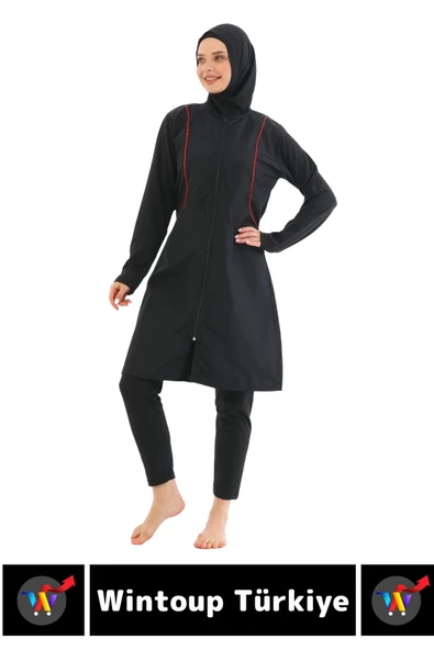 Özel Üretim Yüksek Kaliteli Konforlu Fermuarlı Taytlı Tam Kapalı Deniz Havuz Yüzücü TESETTÜR MAYO - 3