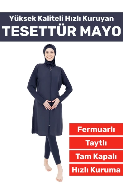 Özel Üretim Yüksek Kaliteli Konforlu Fermuarlı Taytlı Tam Kapalı Yüzücü Deniz Havuz TESETTÜR MAYO