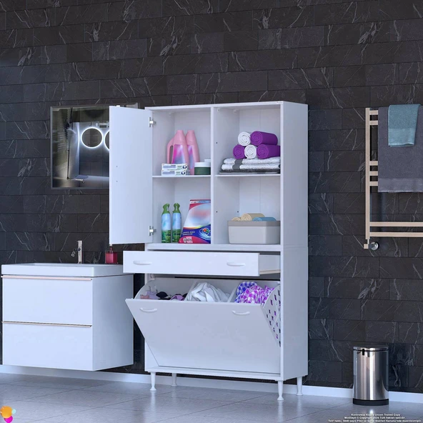 Modilayn AFRA 90x173x32,5cm 1 Çekmece, 3 Göz Sepet, 1 Kapak, 4 Raf Dar Alan Banyo Dolabı - Resim 2