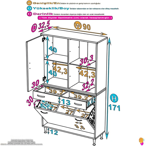 Modilayn AFRA 90x173x32,5cm 1 Çekmece, 3 Göz Sepet, 1 Kapak, 4 Raf Dar Alan Banyo Dolabı - Resim 4