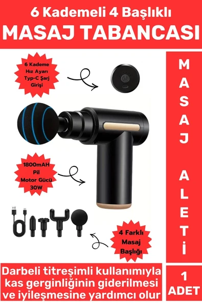 Premium 4 Başlıklı 6 Hız Ayarı Kas Gevşetici Spor Gündelik Şarjlı Darbeli Titreşimli Masaj Tabancası