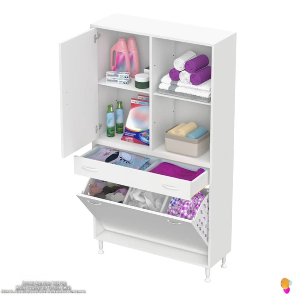 Modilayn AFRA 90x173x32,5cm 1 Çekmece, 3 Göz Sepet, 1 Kapak, 4 Raf Dar Alan Banyo Dolabı - Resim 5