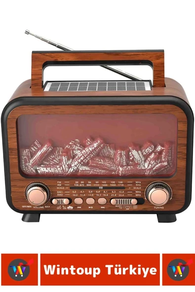 Dekoratif Hediyelik Solar Şarjlı Bluetooth Wireless USB TF Card FM Şömine Görünümlü Nostaljik Radyo - 3