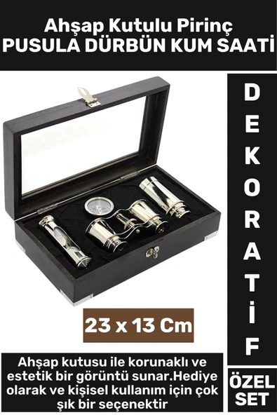Erkek Arkadaş Hediye Koleksiyon Dekoratif Ahşap Kutulu Pirinç Pusula Dürbün Kum Saati Premium Set ürün görseli