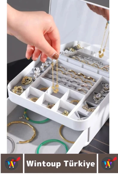 Yüksek Kaliteli Makyaj Yüzük Kolye Küpe Düzenleyici Çok Şık Bölmeli Çekmeceli Aynalı Takı Organizeri - 4