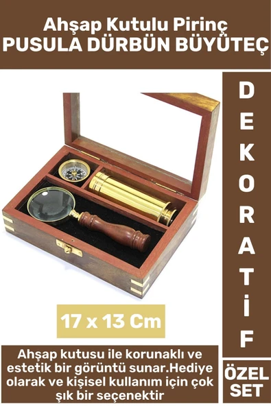 Erkek Arkadaş Hediye Koleksiyon Dekoratif Ahşap Kutulu Pirinç Pusula Dürbün Büyüteç Premium Set ürün görseli