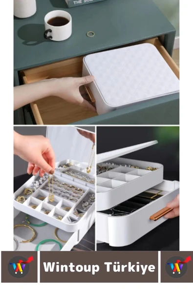 Yüksek Kaliteli Makyaj Yüzük Kolye Küpe Düzenleyici Çok Şık Bölmeli Çekmeceli Aynalı Takı Organizeri - 3
