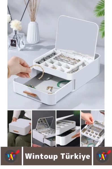 Yüksek Kaliteli Makyaj Yüzük Kolye Küpe Düzenleyici Çok Şık Bölmeli Çekmeceli Aynalı Takı Organizeri - 2