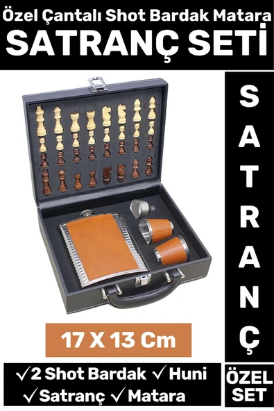 Premium Yüksek Kalite Alkol Konyak Matara 2 Shot Bardak Huni Setli Özel Çantalı Ahşap Satranç Seti