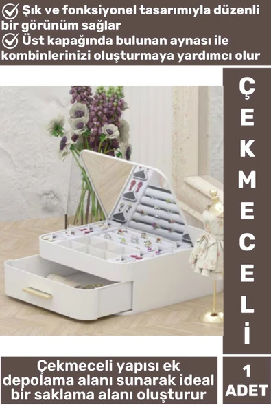 Yüksek Kaliteli Makyaj Yüzük Kolye Küpe Düzenleyici Çok Şık Bölmeli Çekmeceli Aynalı Takı Organizeri