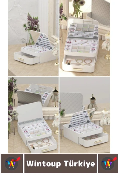 Yüksek Kaliteli Makyaj Yüzük Kolye Küpe Düzenleyici Çok Şık Bölmeli Çekmeceli Aynalı Takı Organizeri - 5