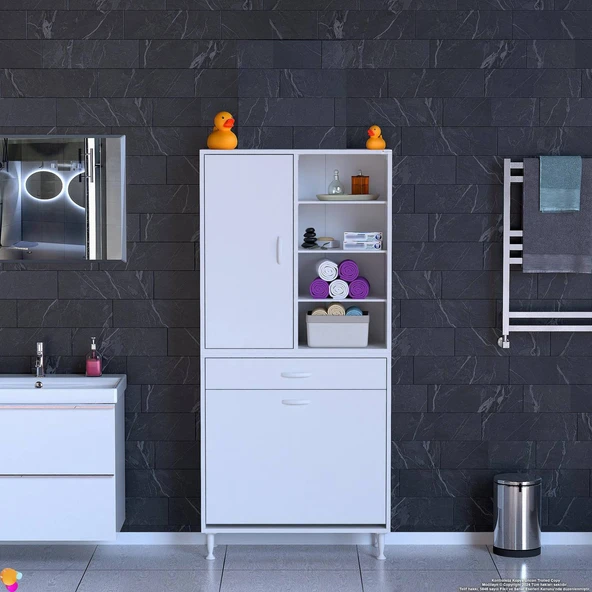 Modilayn AFRA 85x173x32,5cm 1 Çekmece, 2 Göz Sepet, 1 Kapak, 8 Raf Dar Alan Banyo Dolabı - Resim 3