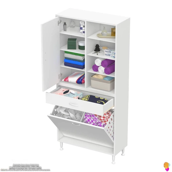 Modilayn AFRA 85x173x32,5cm 1 Çekmece, 2 Göz Sepet, 1 Kapak, 8 Raf Dar Alan Banyo Dolabı - Resim 5