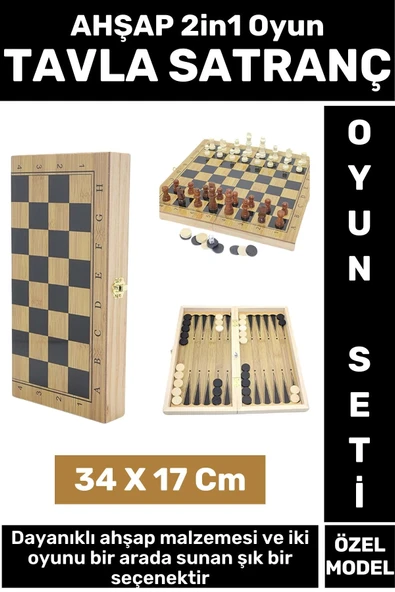 Premium Yüksek Kaliteli Arkadaş Oyun Hediyelik Çok Şık Ahşap Tavla Satranç 2in1 Oyun Seti 34 X 17 Cm