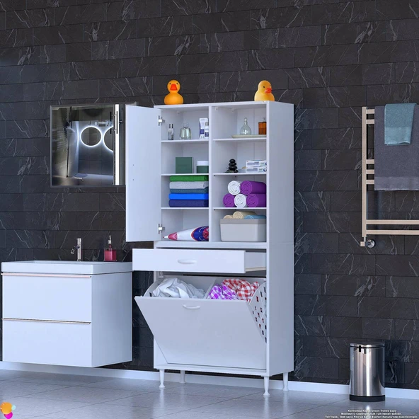 Modilayn AFRA 85x173x32,5cm 1 Çekmece, 2 Göz Sepet, 1 Kapak, 8 Raf Dar Alan Banyo Dolabı - Resim 2