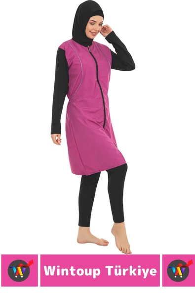 Özel Üretim Yüksek Kaliteli Konforlu Fermuarlı Taytlı Tam Kapalı Deniz Havuz Yüzücü TESETTÜR MAYO - 2