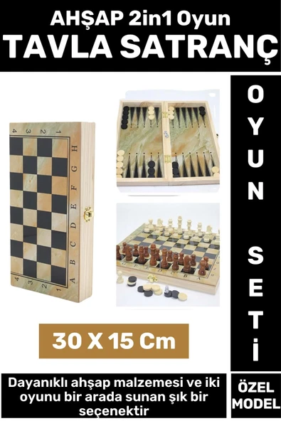 Premium Yüksek Kaliteli Arkadaş Oyun Hediyelik Çok Şık Ahşap Tavla Satranç 2in1 Oyun Seti 30 X 15 Cm